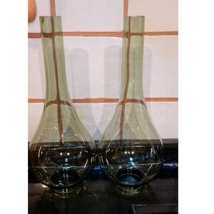 Vintage Smoky Olive Green Glass Hurricane Lamp Chimneys Set of 2 Teardrop MCM